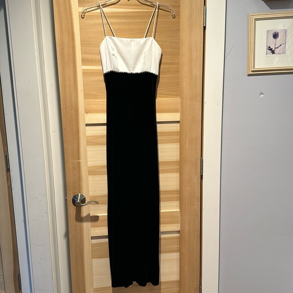Beautiful, black, velvet and white satin formal dress